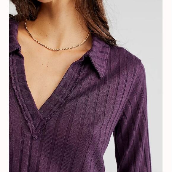 NEW Free People Purple Krystal Ribbed Knit Collar Polo Short Sleeve Top - Picture 4 of 10